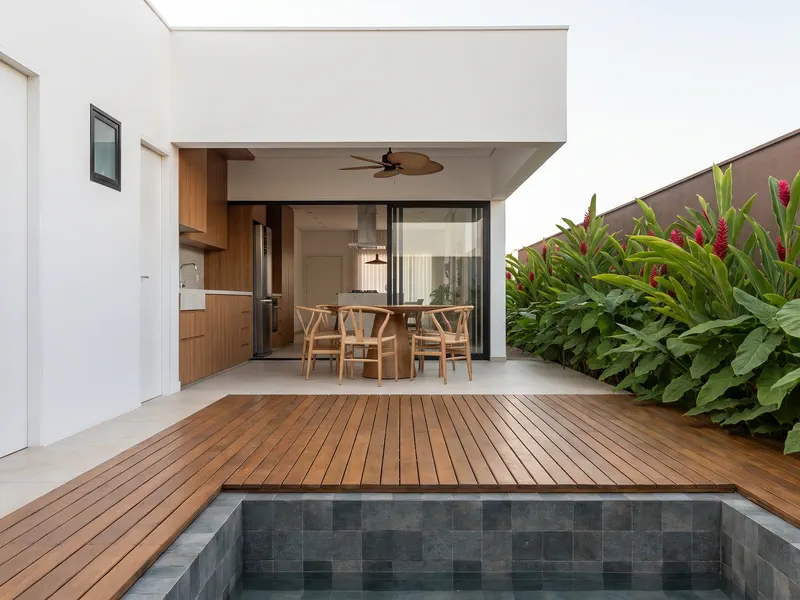 Deck em madeira com piscina e varanda gourmet ao fundo